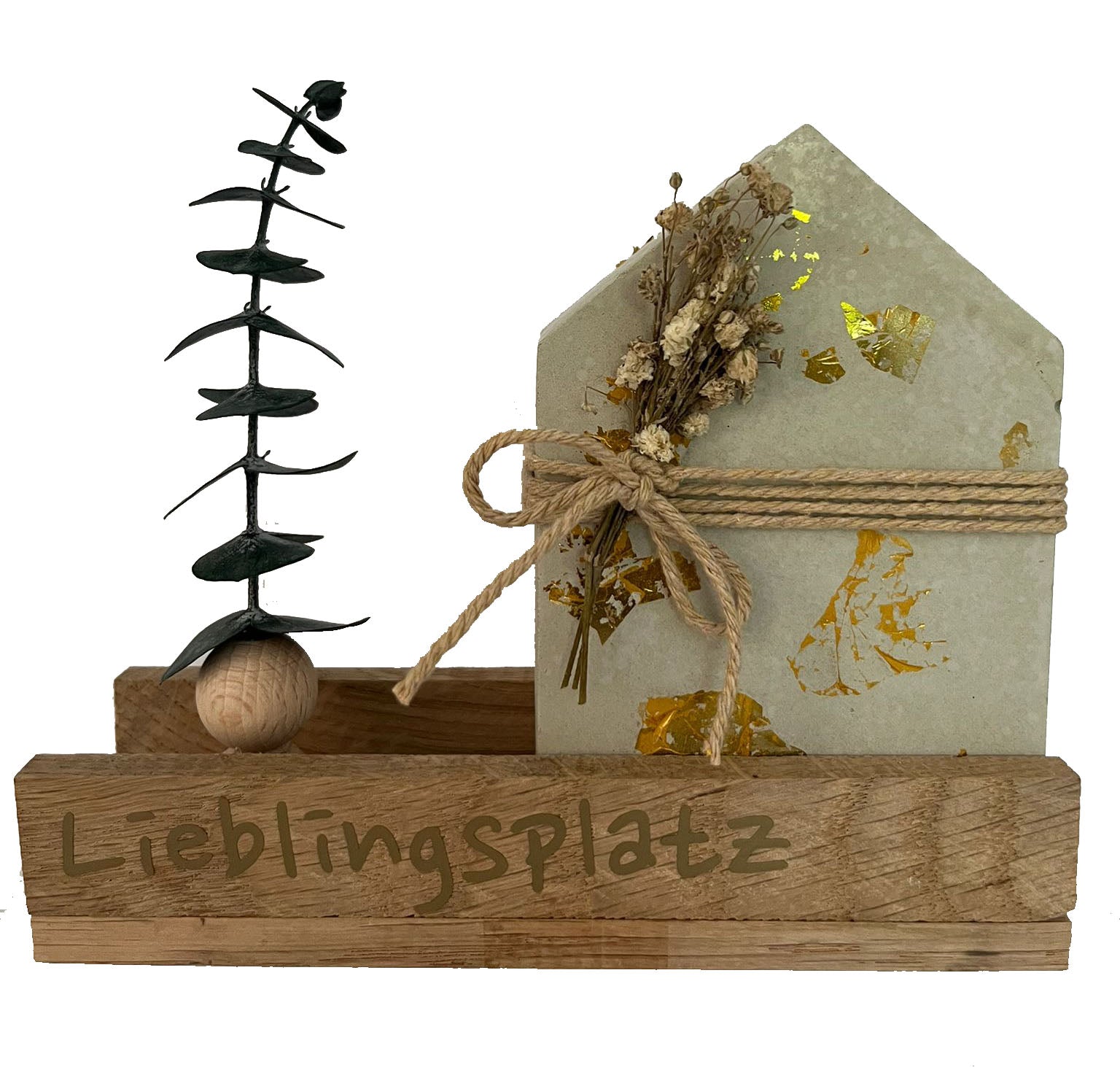 Handgemachte Deko "Lieblingsplatz" – Betonhaus mit Trockenblumen & Holzschild - Bastelschachtel