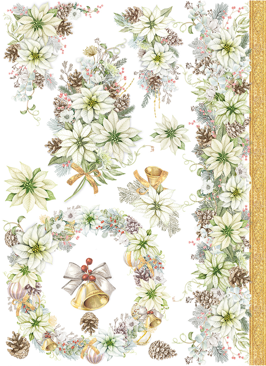 weihnachtliches Reispapier mit einem Blumenkranz, Glocken, weißen Blumen und einem goldenen Rand auf der rechten Seite