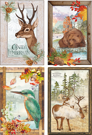 Reispapier in form von 4 Karten mit einem Bär, einem Reh, Elchen und einem Vogel