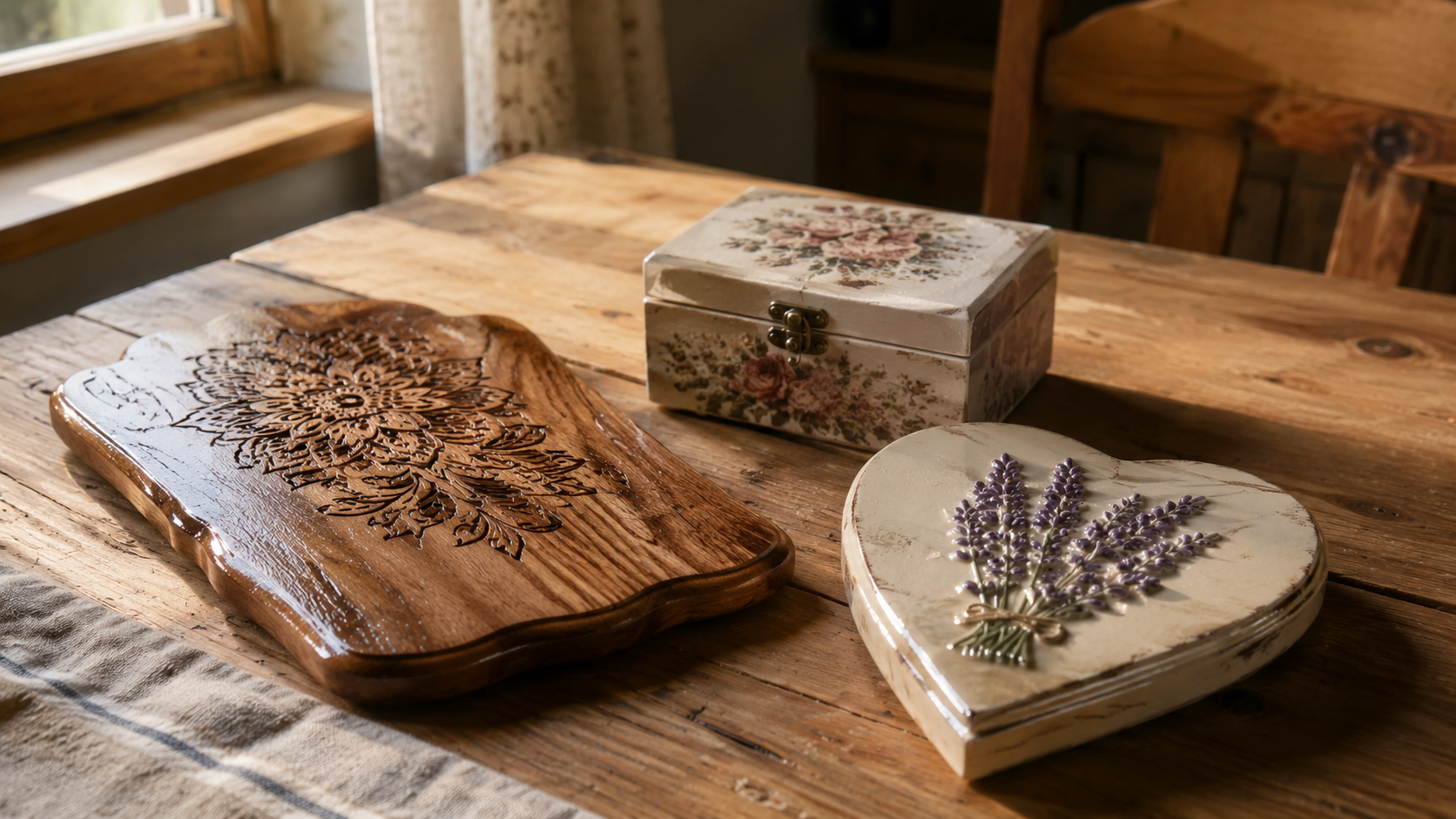 Mehrere fertige Bastelarbeiten auf einem Holztisch zeigen Lack als Schutz, Lasur und dekorativen Effekt in einer ruhigen Übersicht.