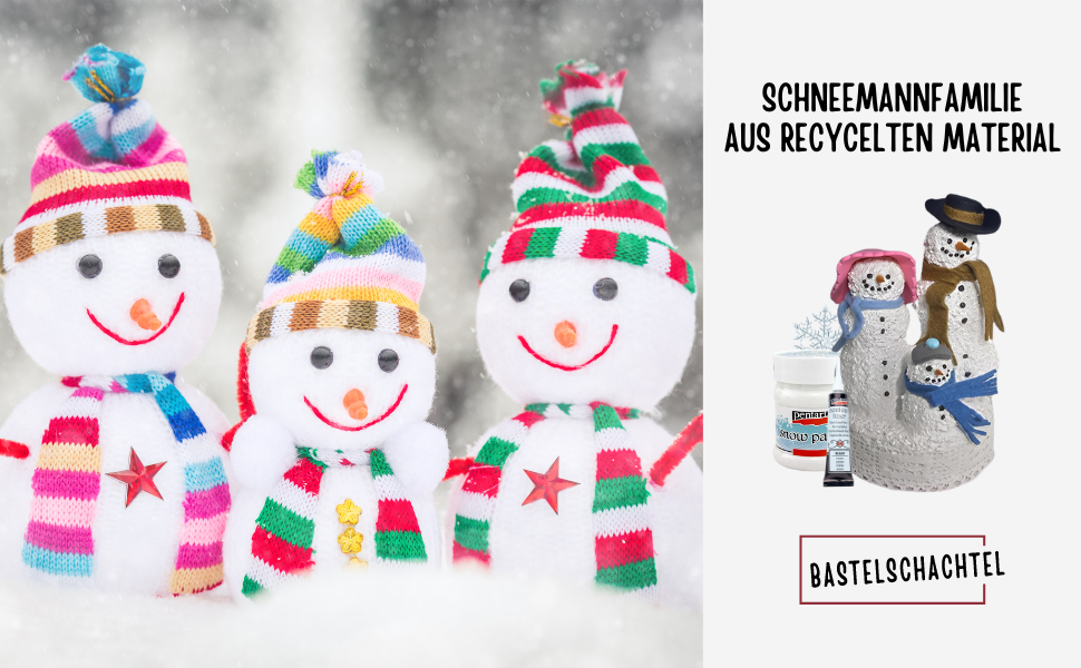 Schneemannfamilie aus recyceltem Material - Bastelschachtel