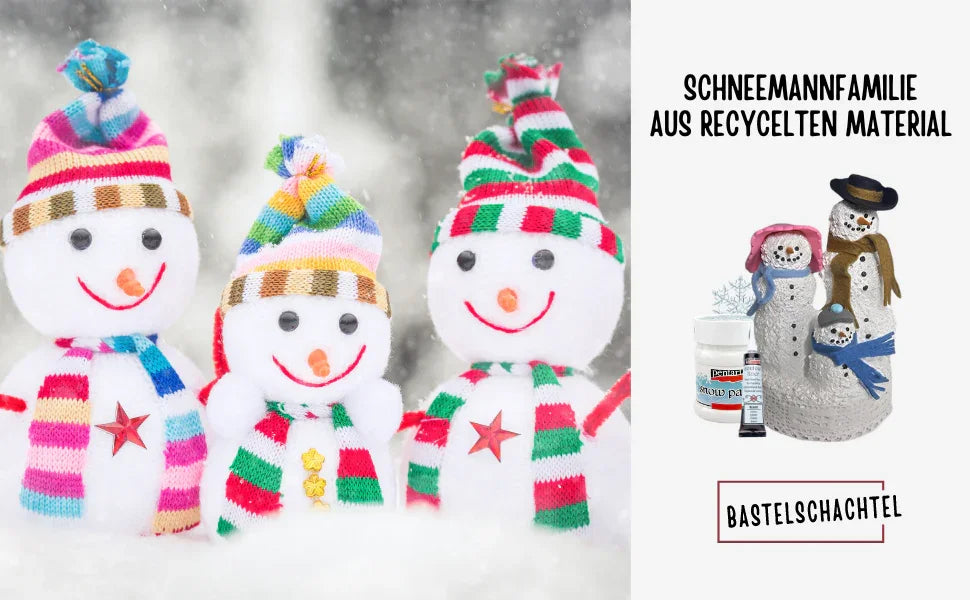 Schneemannfamilie aus recyceltem Material - Bastelschachtel