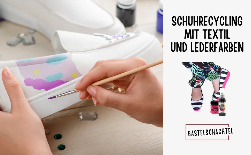 Schuhrecycling mit Textil und Lederfarben - Bastelschachtel