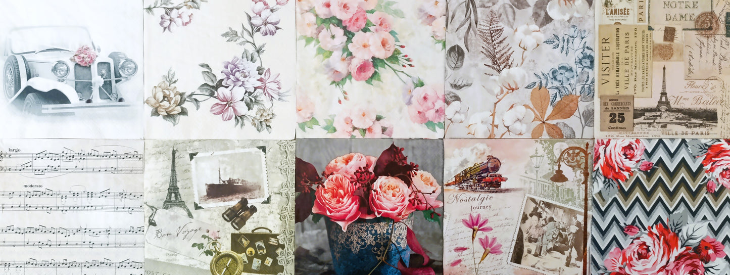 Servietten Set mit Decoupage-Kleber - Vintage Blumen