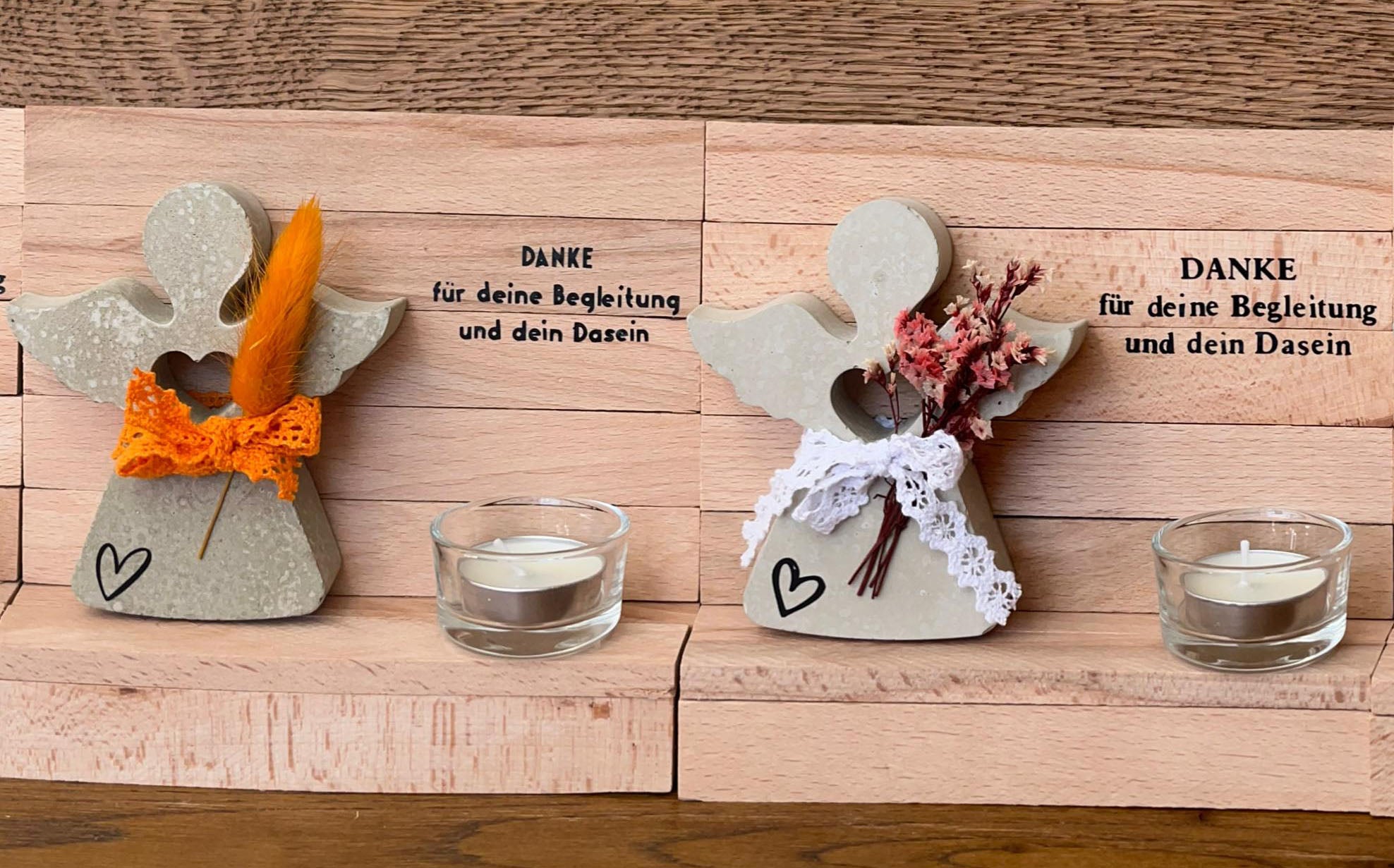 Handgemachte Deko "Holzbank mit Betonengel und Teelicht"– Charmantes Dekorationsstück mit Liebe zum Detail