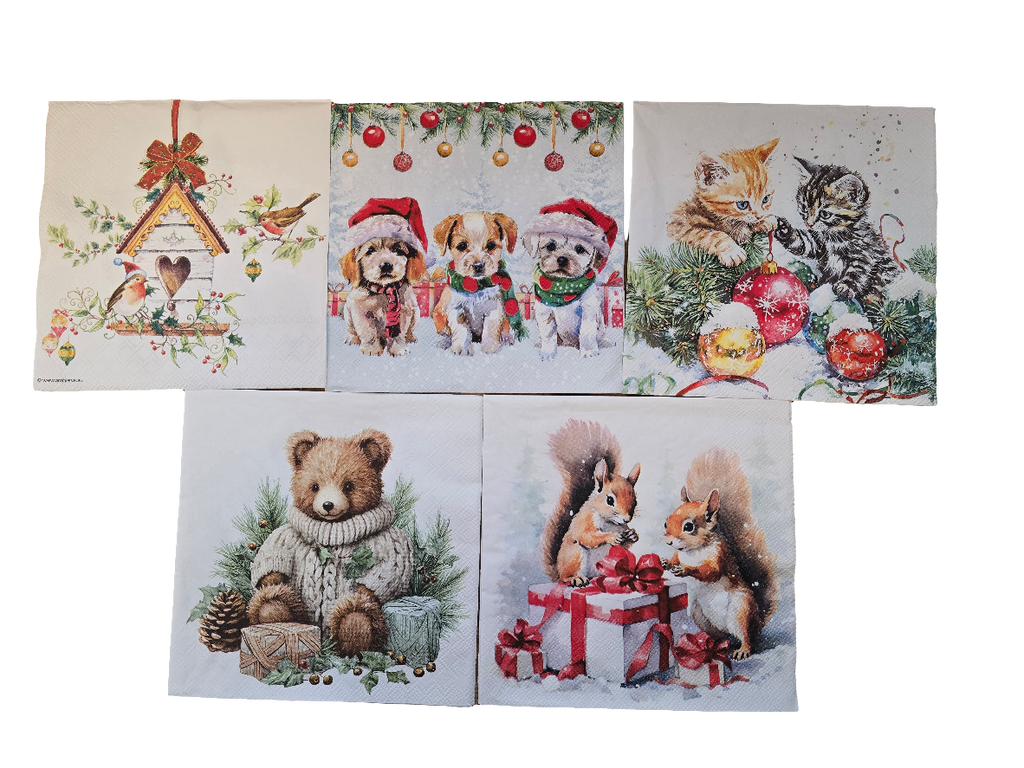 Servietten Set mit Decoupage-Kleber - tierische Weihnachten