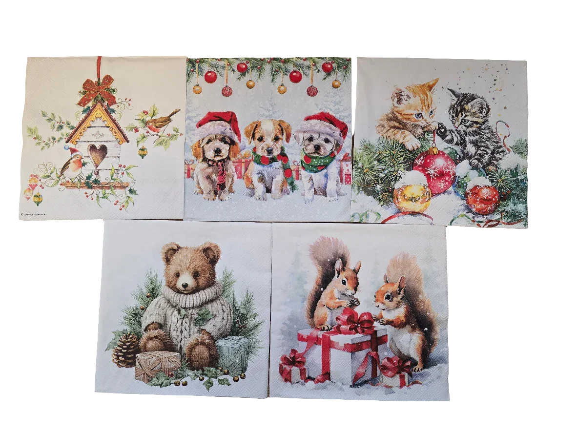 Servietten Set mit Decoupage-Kleber - tierische Weihnachten - Bastelschachtel - Servietten/ Set - 
