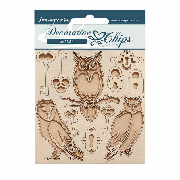 Chipboard 14x14cm - Vintage library - Keys and owls