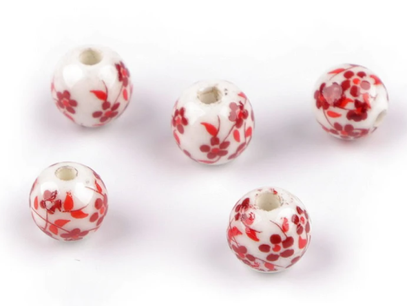 Porzellanperlen mit Blumen Ø8 mm 5 rot 5 Stück - Bastelschachtel