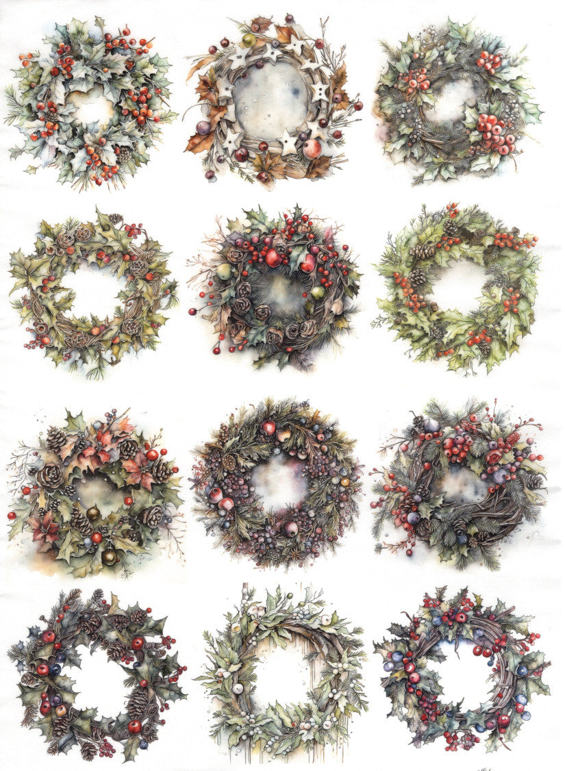 Reispapier A3 - Winter wreaths small - Bastelschachtel