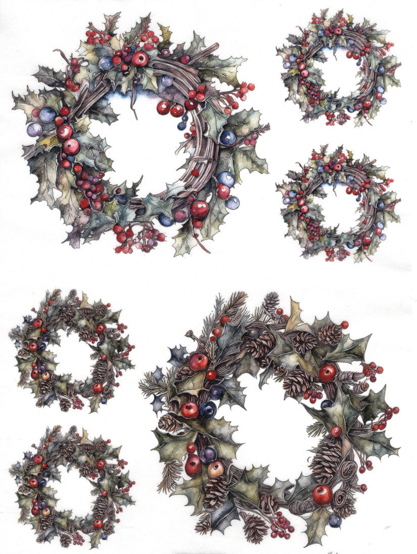 Reispapier A3 - Winter wreaths with berries - Bastelschachtel