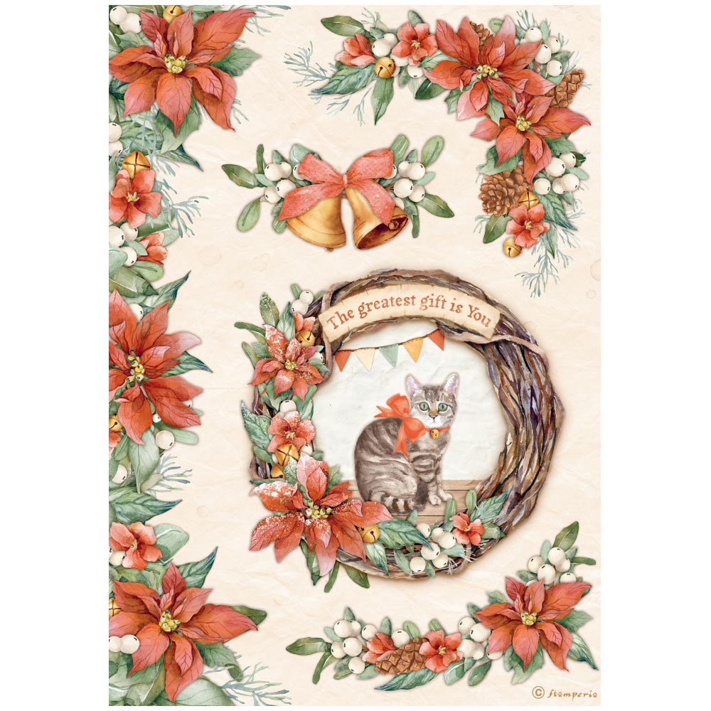 Reispapier A4 - All around Christmas - Garlands with cat - Bastelschachtel