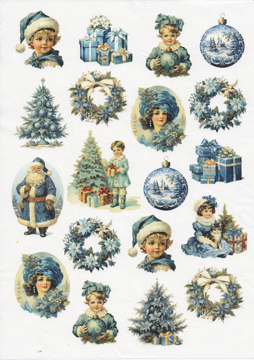 Reispapier mit blauen weihnachtlichen Motiven