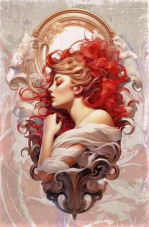 Blonde Frau mit roten Blumen am Kopf in ovalen Rahmen