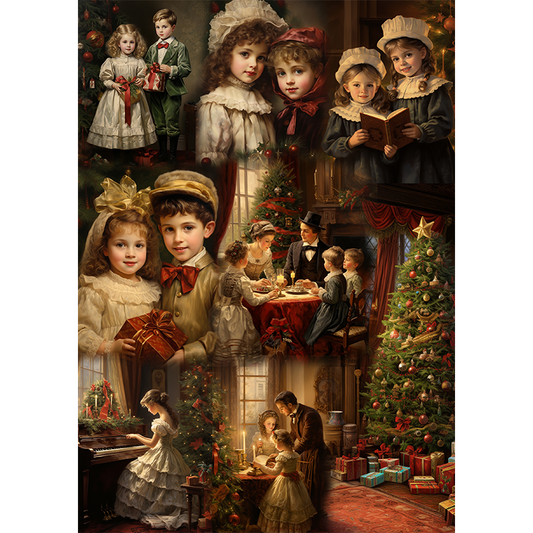 Reispapier mit alten weihnachtlichen Motiven mit Kinder und Weihnachstbaum