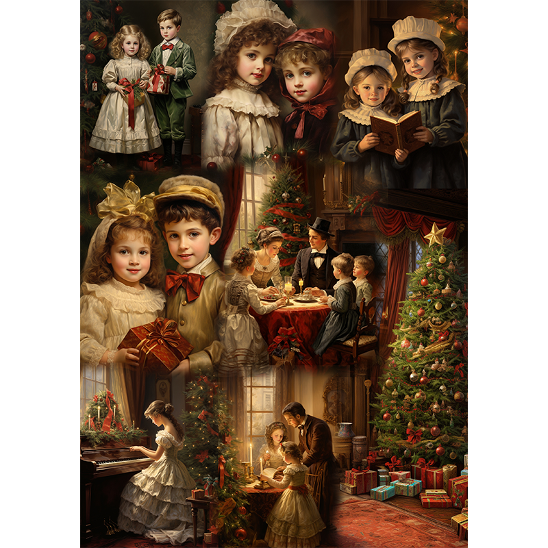 Reispapier mit alten weihnachtlichen Motiven mit Kinder und Weihnachstbaum