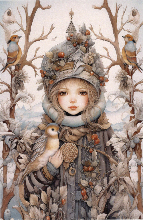 Junges Mädchen im Schnee mit Vögel