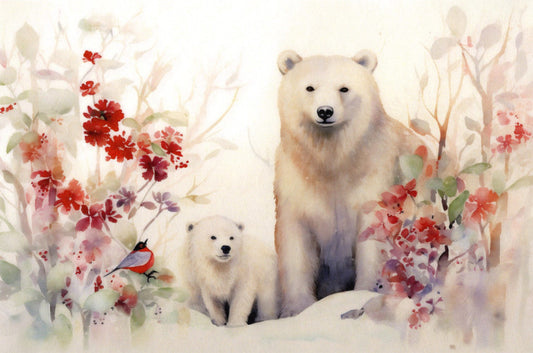 Zwei Eisbären stehen im winterlichen Wald
