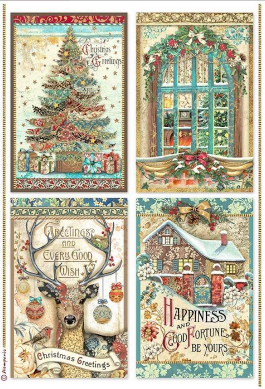 4 verschiedene weihnachtliche Motiv mit Christbaum, Fenster, Hirsch und Haus