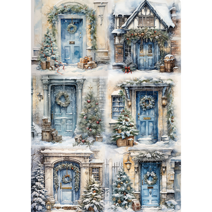 Reispapier mit winterlichen dekorierten blauen Eingangstüren