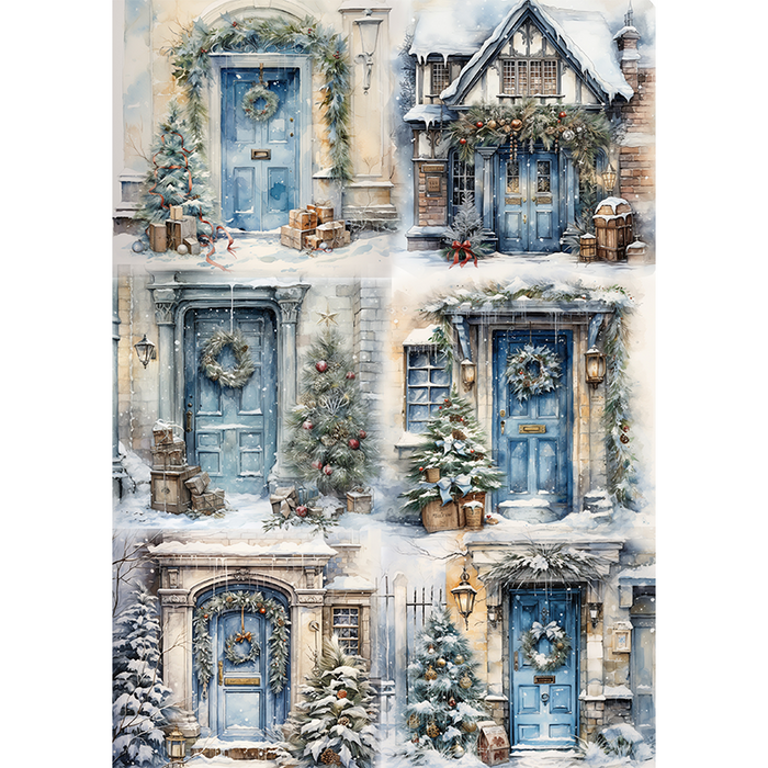 Reispapier A4 - Winter doors, blue