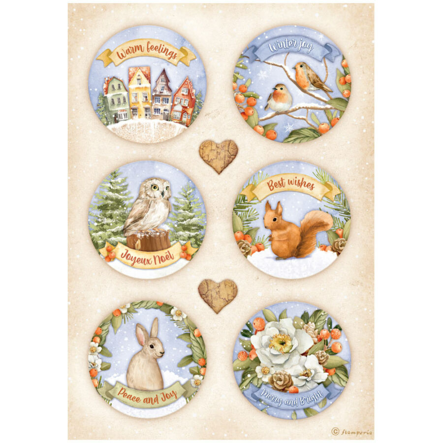 Runde Bilder mit winterlichen Motiven und Eule, Hase und Eichhörnchen