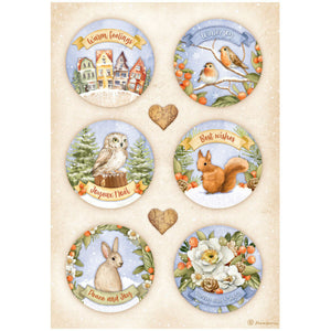 Runde Bilder mit winterlichen Motiven und Eule, Hase und Eichhörnchen