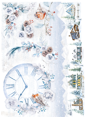 winterliches Reispapier mit einer Uhr, Vögel und winterlicher Landschaft mit Häuser