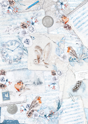 winterliches Reispapier mit vögel, einer Eule und Briefen