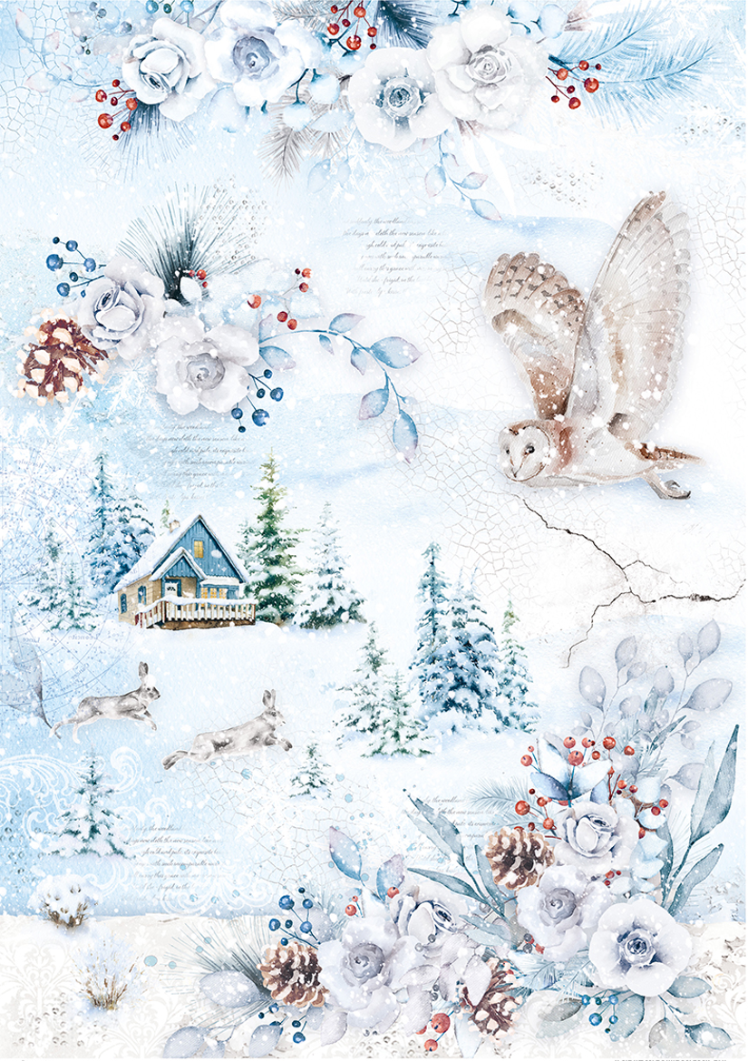 winterliches Reispapier mit Blumen, Eulen, Hasen und winterlicher Landschaft