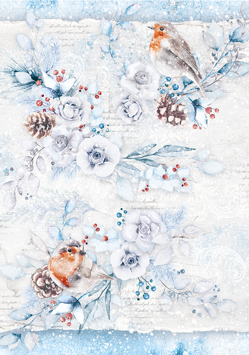 winterliches Reispapier mit weißen Blumen und Vögeln