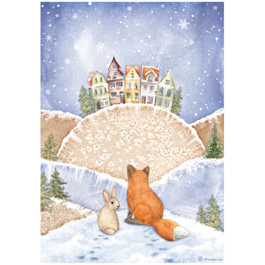 Reispapier A4 - Winter valley - Fox and bunny