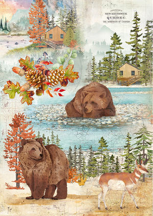 Reispapier mit zwei Bären und einer herbstlichen, kanadischen Landschaft