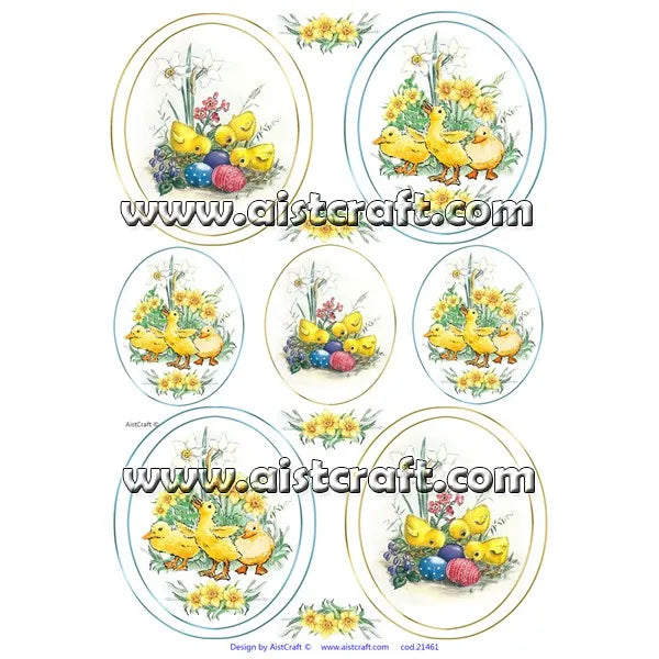 Reispapier A4 - Spring chicks in frame