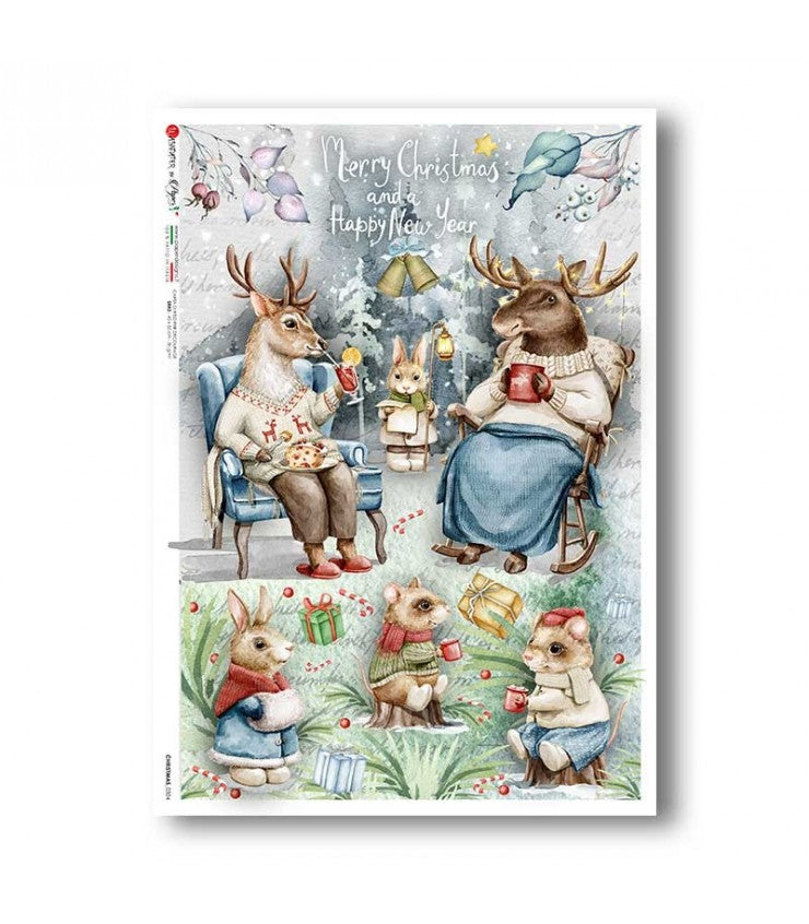 Reispapier - Merry Christmas fröhliche Tierweihnacht Reentier A5