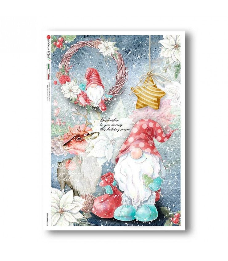 Reispapier - Merry Christmas lustige Wichtel Vintage 2 A5
