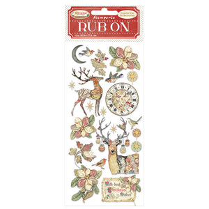 Rub on papier mit Rehn, Blumen, Vögel und einer kleinen Uhr im vintage Muster in grün, weiß und roten Farben