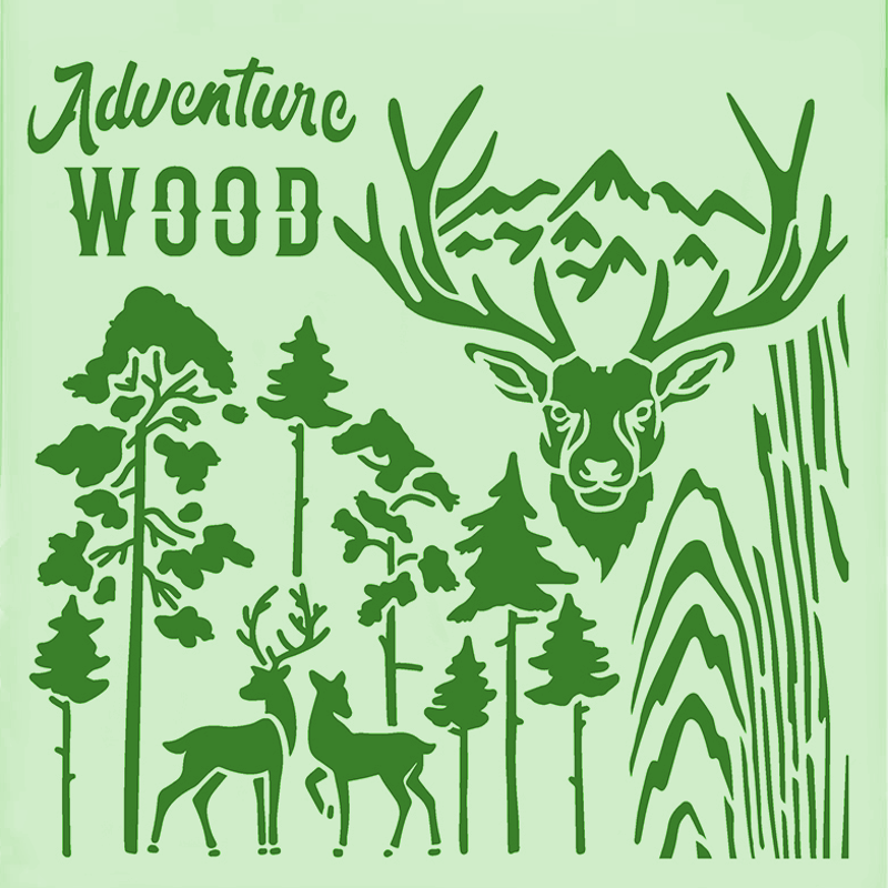 Schablone mit dem Text Adventure Wood, einem Hirsch, Bäumen, Bergen und 2 Rehen