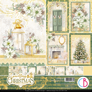 weihnachtliches Scrapbook Block mit goldenen und grünen Weihnachtsdekorationen und Muster