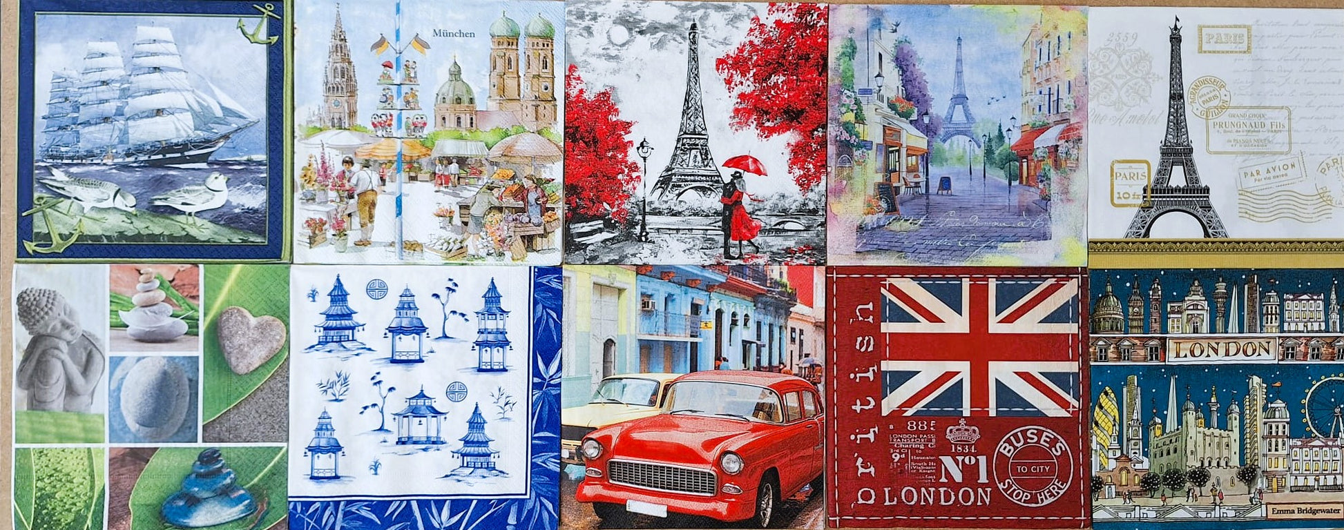 Servietten Set mit Decoupage-Kleber - Reisen - Bastelschachtel