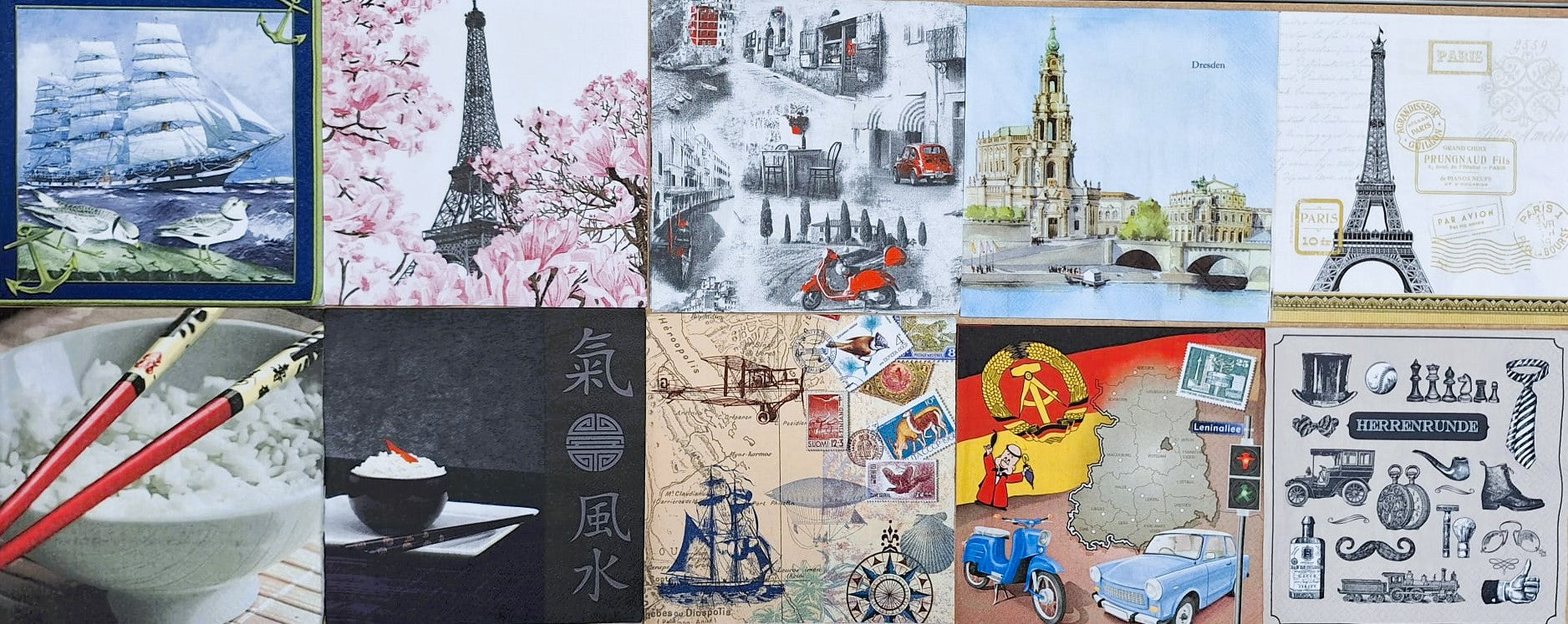 Servietten Set mit Decoupage-Kleber - Reisen - Bastelschachtel
