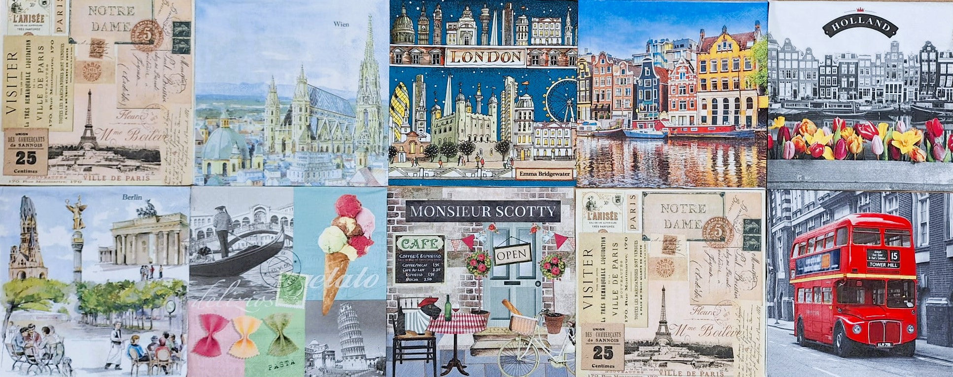 Servietten Set mit Decoupage-Kleber - Städte - Bastelschachtel