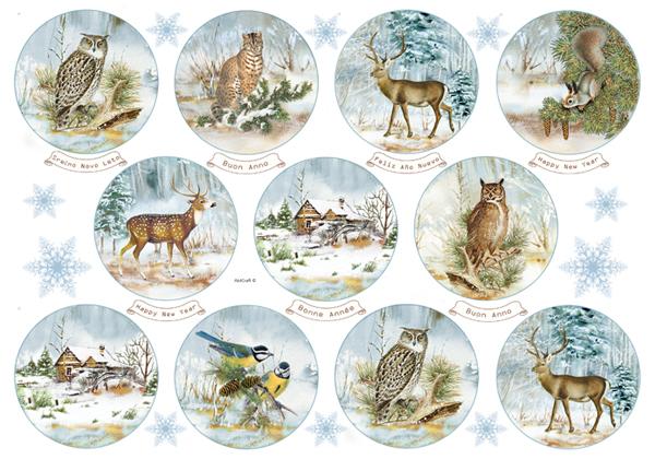 Reispapier 32x45cm -  Winter forest animals rounds