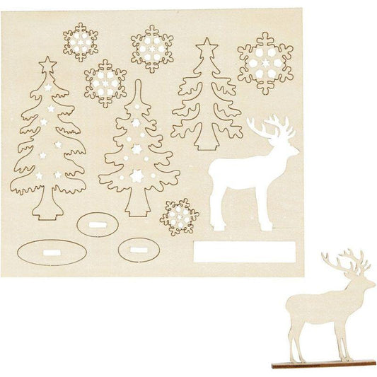 Holzfiguren Set - Wald mit Hirsch - Bastelschachtel - Holzfiguren Set - Wald mit Hirsch