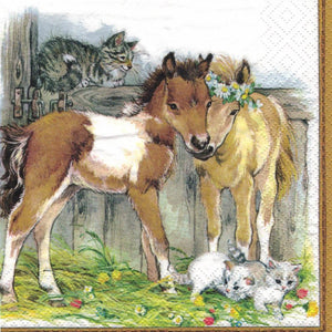 Serviette - Kitten and foals in stable - Bastelschachtel - Serviette - Kitten and foals in stable