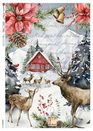 Reispapier A4 - Snowy winter deer - Bastelschachtel - Reispapier A4 - Snowy winter deer