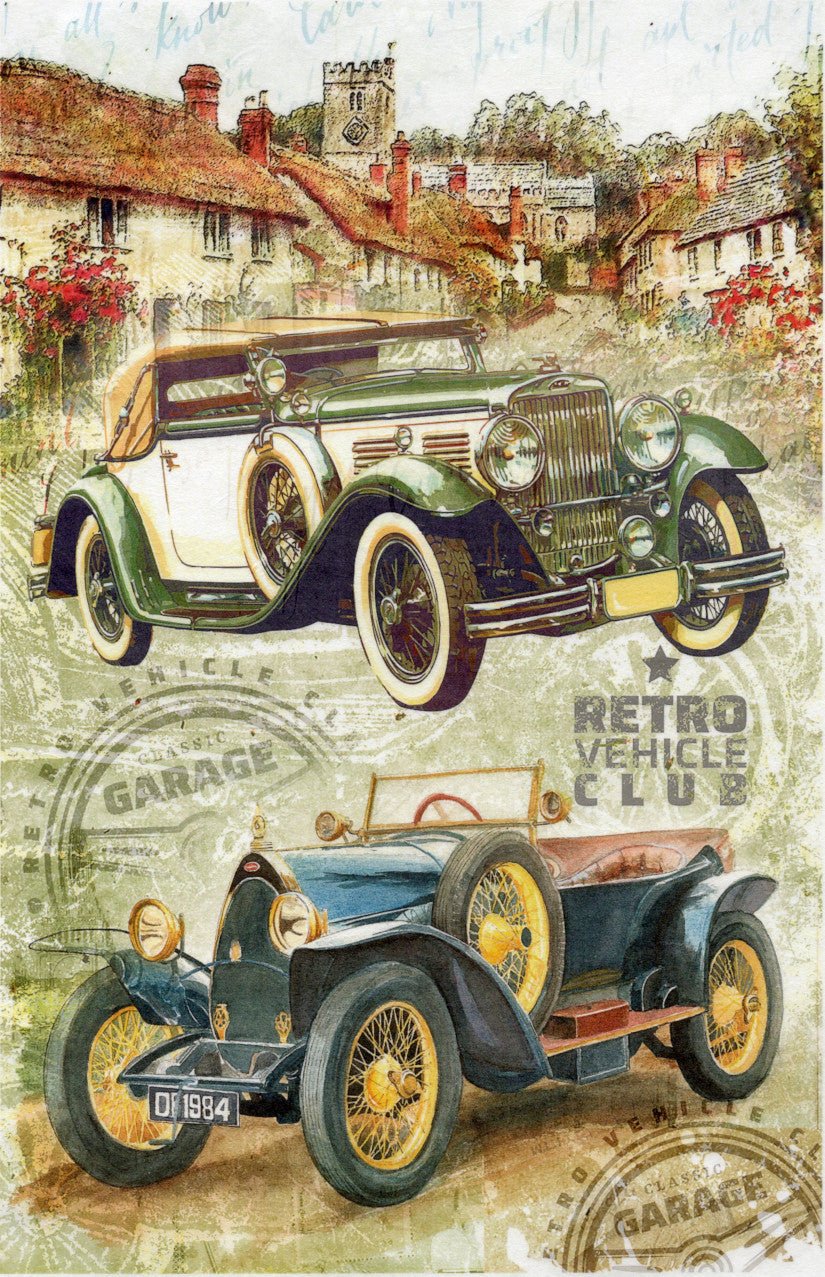 Reispapier A4 - Retro vehicle club village - Bastelschachtel - Reispapier A4 - Retro vehicle club village
