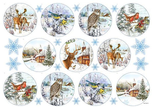 Reispapier 32x45cm - Winter forest animals rounds 1 - Bastelschachtel - Reispapier 32x45cm - Winter forest animals rounds 1