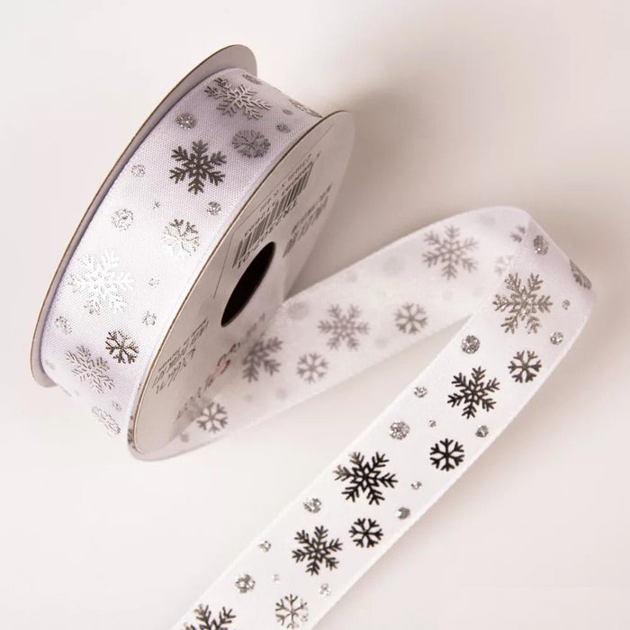 Dekoband Snowflakes 23mm, weiß-silber