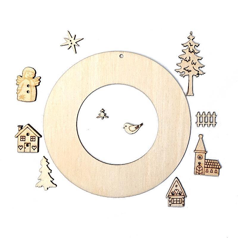 DIY Holzfiguren Kranz - Dorf mit Engel - Bastelschachtel